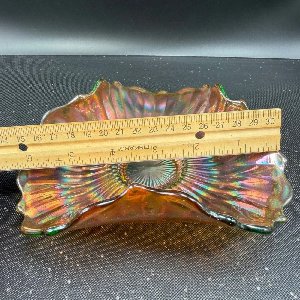 Vintage Carnival Glass Bowl Tri Corner Ruffled‎ Fluted Marigold Iridescent Green
